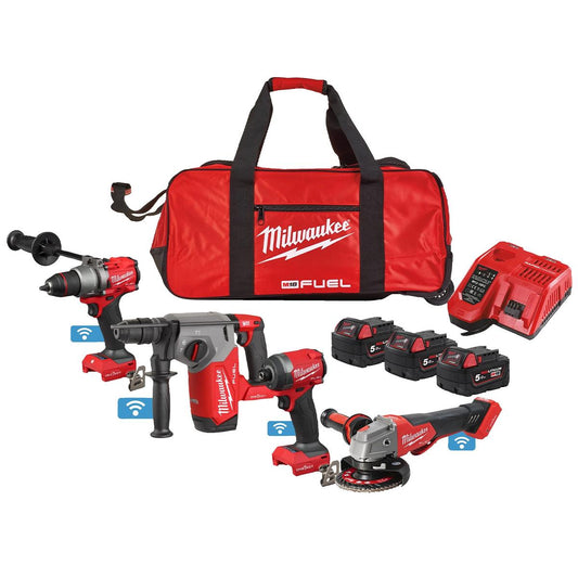 Milwaukee M18ONEPP4A3-503B 18V Fuel One-Key Brushless 4 Piece Tool Kit with 3 x 5.0Ah Battery Charger & Wheeled Bag 4933499430
